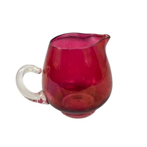 Cranberry Ruby Red Handblown Glass Creamer Pilgrim Glass Clear Handle - Picture 9 of 9
